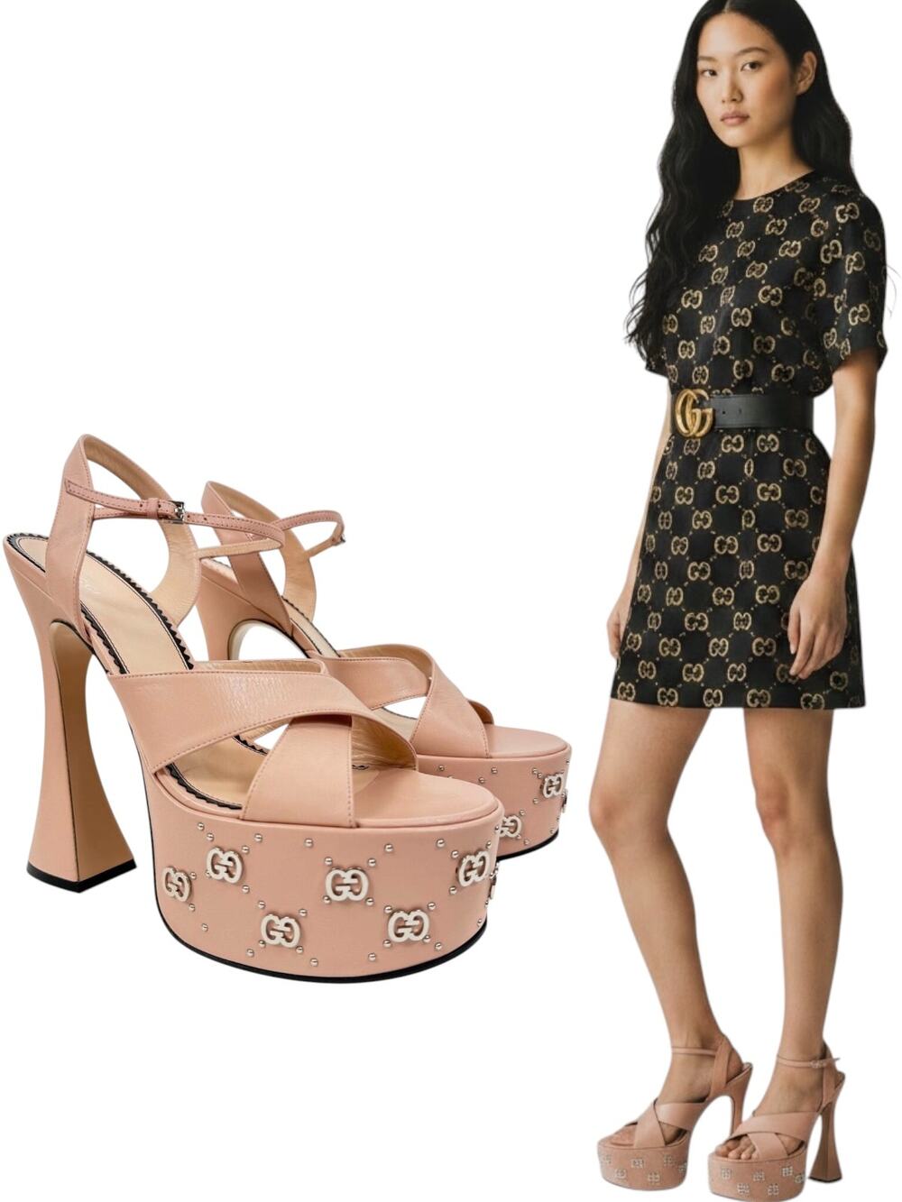 New Gucci Interlocking GG Studded Platfrom Sandals Leather Pink Size 42